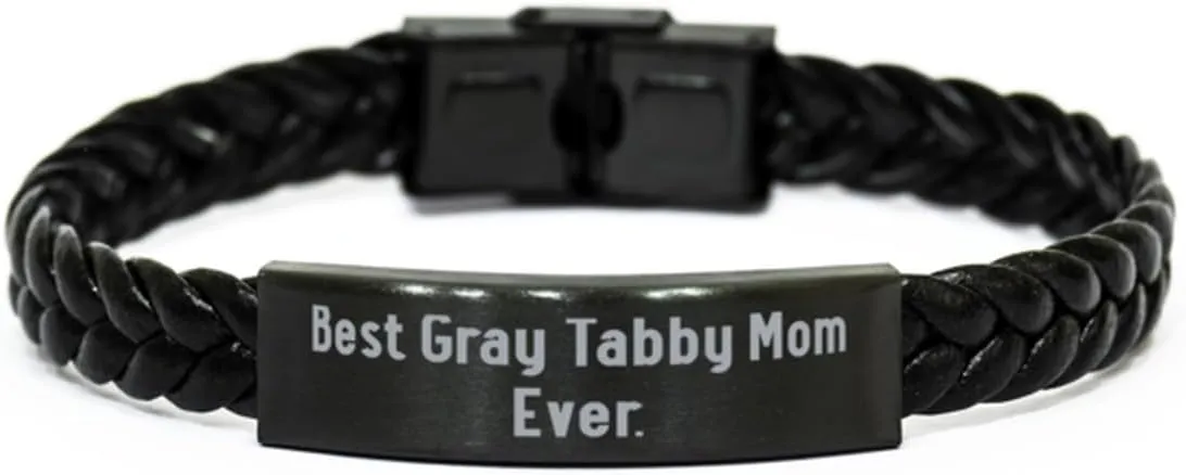 Fancy Gray Tabby Cat Braided Leather Bracelet, Best Gray Tabby Mom Ever, Funny Engraved Bracelet For Cat Mom From Friends, Leather bracelets for men, Leather bracelets for women, Handmade leather