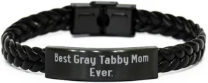 Fancy Gray Tabby Cat Braided Leather Bracelet, Best Gray Tabby Mom Ever, Funny Engraved Bracelet For Cat Mom From Friends, Leather bracelets for men, Leather bracelets for women, Handmade leather