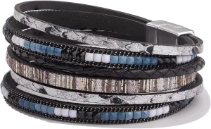 FANCY SHINY Boho Leather Wrap Bracelets Trendy Layered Bracelets with Magnetic Clasp Strackable Bohemian Jewelry Gifts for Women
