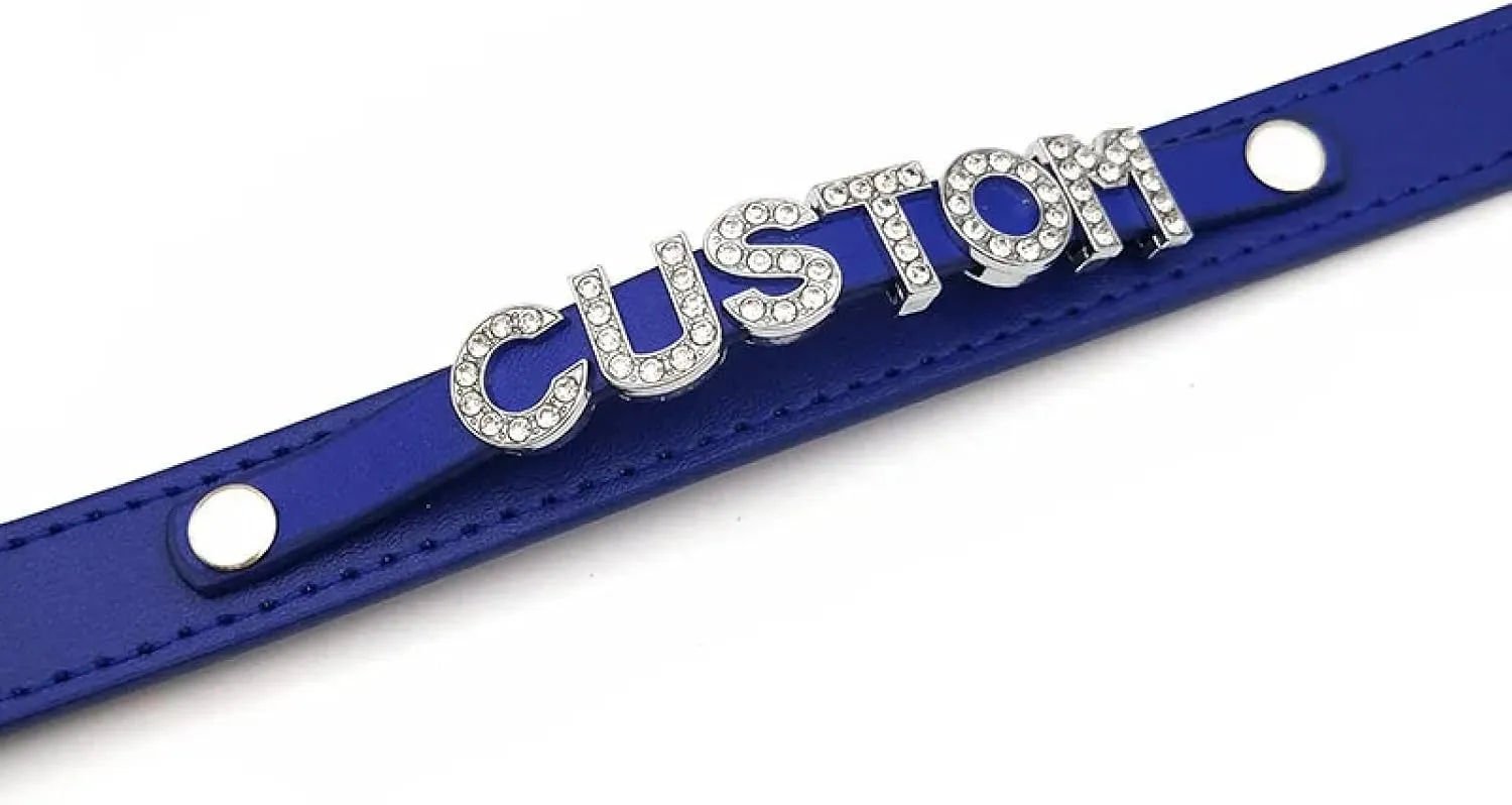 Fashion Personalised Name Leather Choker For Women - Sexy Royal Blue Rhinestone Letters Diy Necklace Punk Rock Gothic Custom Letters Collar Necklaces Cosplay Jewellery