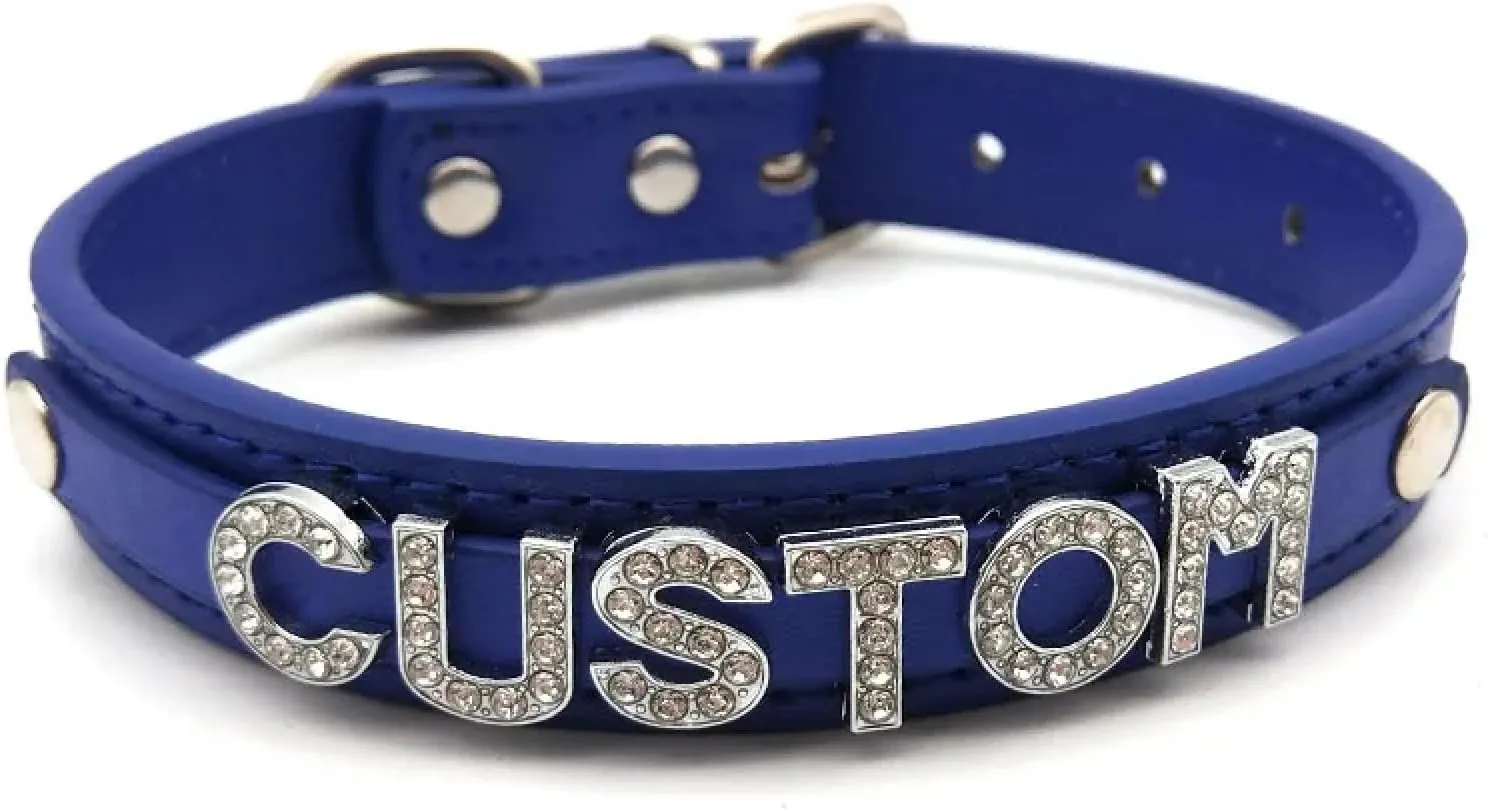 Fashion Personalised Name Leather Choker For Women - Sexy Royal Blue Rhinestone Letters Diy Necklace Punk Rock Gothic Custom Letters Collar Necklaces Cosplay Jewellery