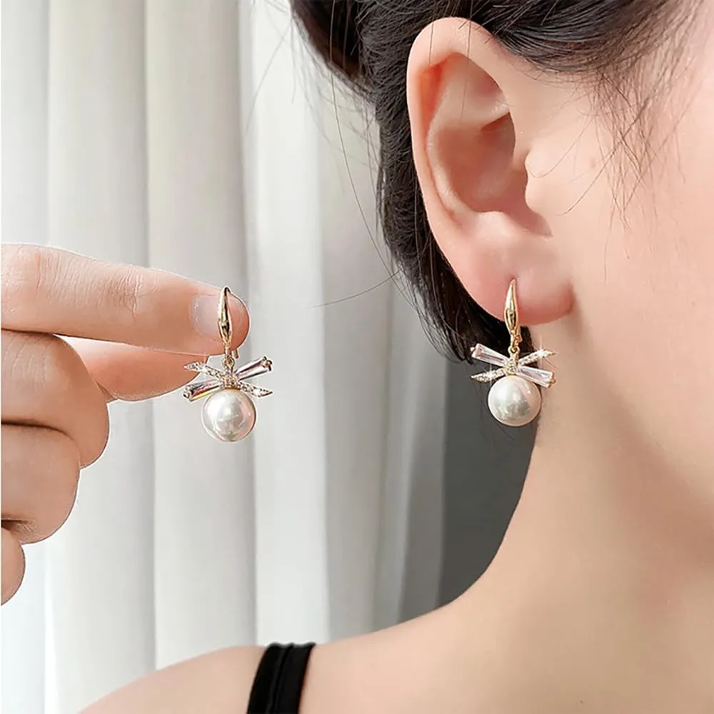 Fashion Rhinestone Bow Knot Drop Earrings for Women Cubic Zirconia Pearl Bowkont Dangle Earrings Crystal Jewelry for Women Christmas Gifts