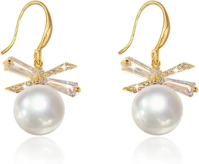 Fashion Rhinestone Bow Knot Drop Earrings for Women Cubic Zirconia Pearl Bowkont Dangle Earrings Crystal Jewelry for Women Christmas Gifts