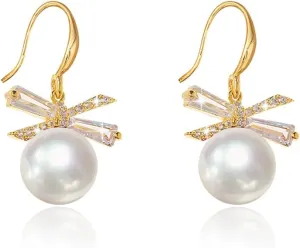 Fashion Rhinestone Bow Knot Drop Earrings for Women Cubic Zirconia Pearl Bowkont Dangle Earrings Crystal Jewelry for Women Christmas Gifts