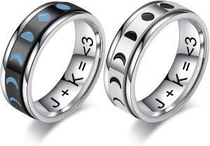 Free Engraved Couple Rings for Boyfriend Girlfriend Vintage Moon Phase Stainless Steel Spinner Rings Wedding Band Promise Engagement Ring for Him and Her,Black Silver,Size 6 to 10
