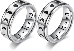 Free Engraved Couple Rings for Boyfriend Girlfriend Vintage Moon Phase Stainless Steel Spinner Rings Wedding Band Promise Engagement Ring for Him and Her,Silver,Size 6 to 10