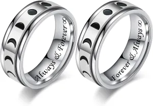 Free Engraved Couple Rings for Boyfriend Girlfriend Vintage Moon Phase Stainless Steel Spinner Rings Wedding Band Promise Engagement Ring for Him and Her,Size 6 to 10