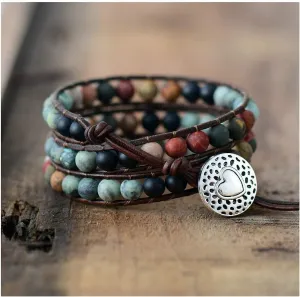 Giwotu Womens Vintage Leather Bracelets 6mm Matte Stone 3 Strands Wrap Bracelets Woven Multilayer Boho Bracelet Handmade Jewelry