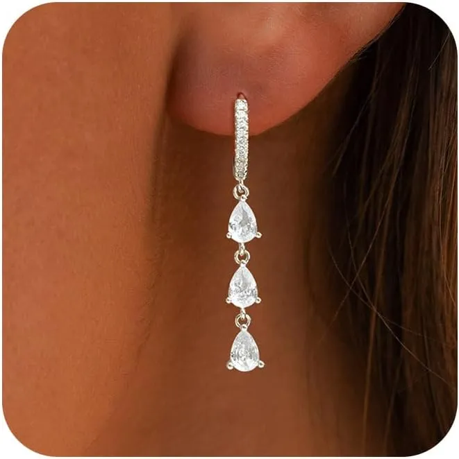 Gold Dangle Earrings for Women, Long Dangling Drop Earring 14K Dangly Threader Chain Earrings Hypoallergenic CZ Prom Hoop Huggie Gold Earring for Women Trendy Accessories Prom Jewelry Gifts