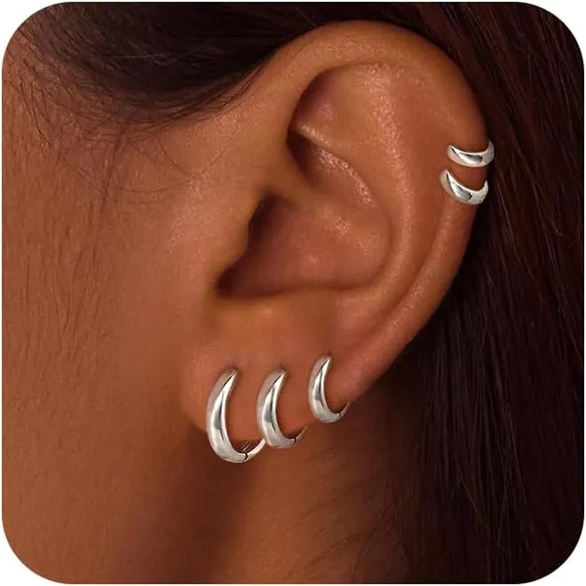 Gold Hoop Earrings Set for Women Men Chunky Gold Silver Hoop Earrings 14K Gold Filled Hypoallergenic Stack Cartilage Earrings Dainty Trendy Clip On Jewelry Gifts