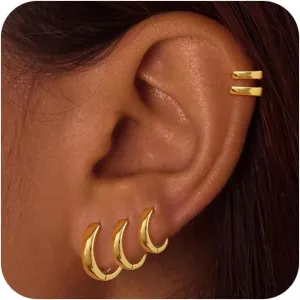 Gold Hoop Earrings Set for Women Men Chunky Gold Silver Hoop Earrings 14K Gold Filled Hypoallergenic Stack Cartilage Earrings Dainty Trendy Clip On Jewelry Gifts