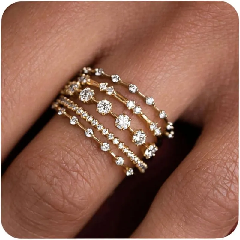 Gold Rings for Women Non Tarnish 14k Gold Plated Dainty Stackable Cubic Zirconia Thumb Stacking Wedding Bands for Women Eternity Promise Engagement Ring Set Jewelry Gift Size 6-10