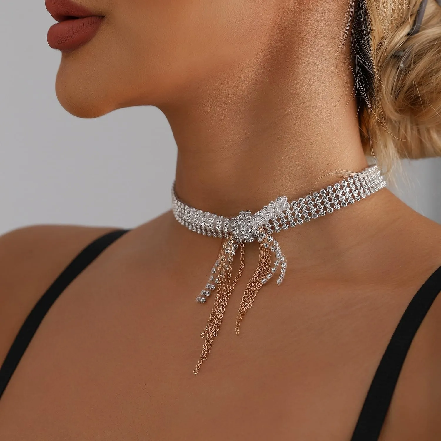 Gold Silver Black Choker Necklace for Women Gold Rhinestone Bowknot Bridesmaid Wedding Prom Gargantillas De Mujer Elegantes Tennis Net Necklace Disco Necklace Christmas Graduation Prom Jewelry Accessories