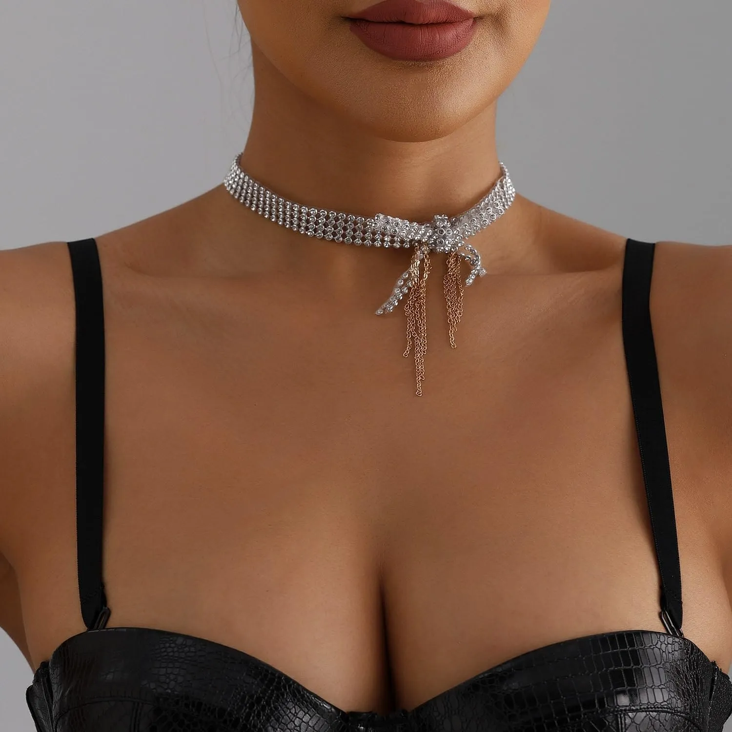 Gold Silver Black Choker Necklace for Women Gold Rhinestone Bowknot Bridesmaid Wedding Prom Gargantillas De Mujer Elegantes Tennis Net Necklace Disco Necklace Christmas Graduation Prom Jewelry Accessories