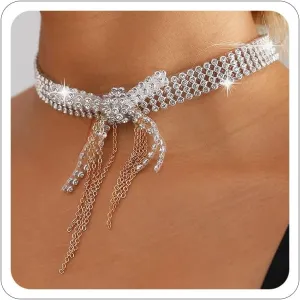 Gold Silver Black Choker Necklace for Women Gold Rhinestone Bowknot Bridesmaid Wedding Prom Gargantillas De Mujer Elegantes Tennis Net Necklace Disco Necklace Christmas Graduation Prom Jewelry Accessories