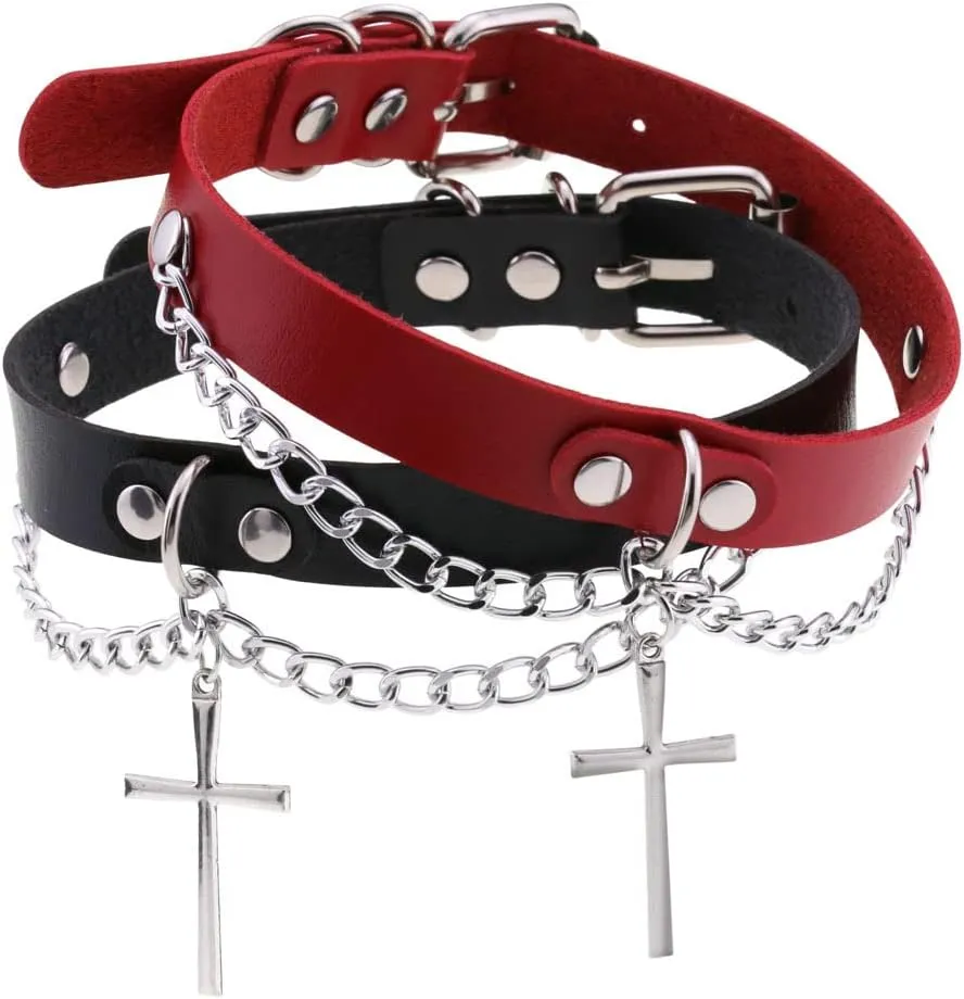 Goth PU Leather Cross Choker Collar Necklaces for Women Punk Costume Jewelry Adjustable