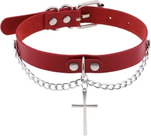 Goth PU Leather Cross Choker Collar Necklaces for Women Punk Costume Jewelry Adjustable