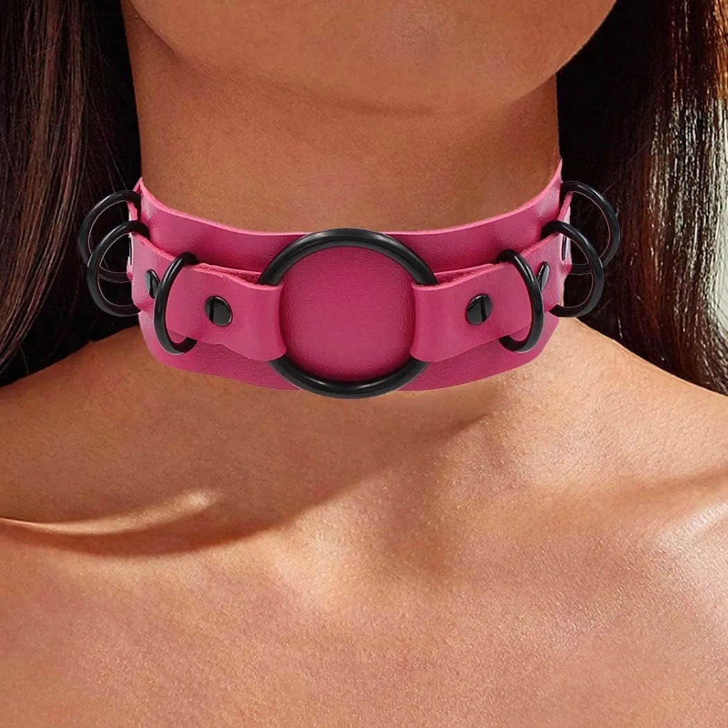 Gothic Leather Choker Necklace Punk Choker Collar Rings Nightclub Party Adjustable Necklaces Chain for Women