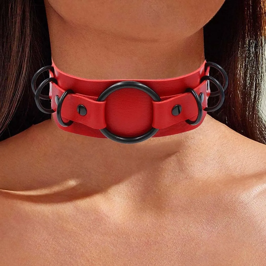 Gothic Leather Choker Necklace Punk Choker Collar Rings Nightclub Party Adjustable Necklaces Chain for Women