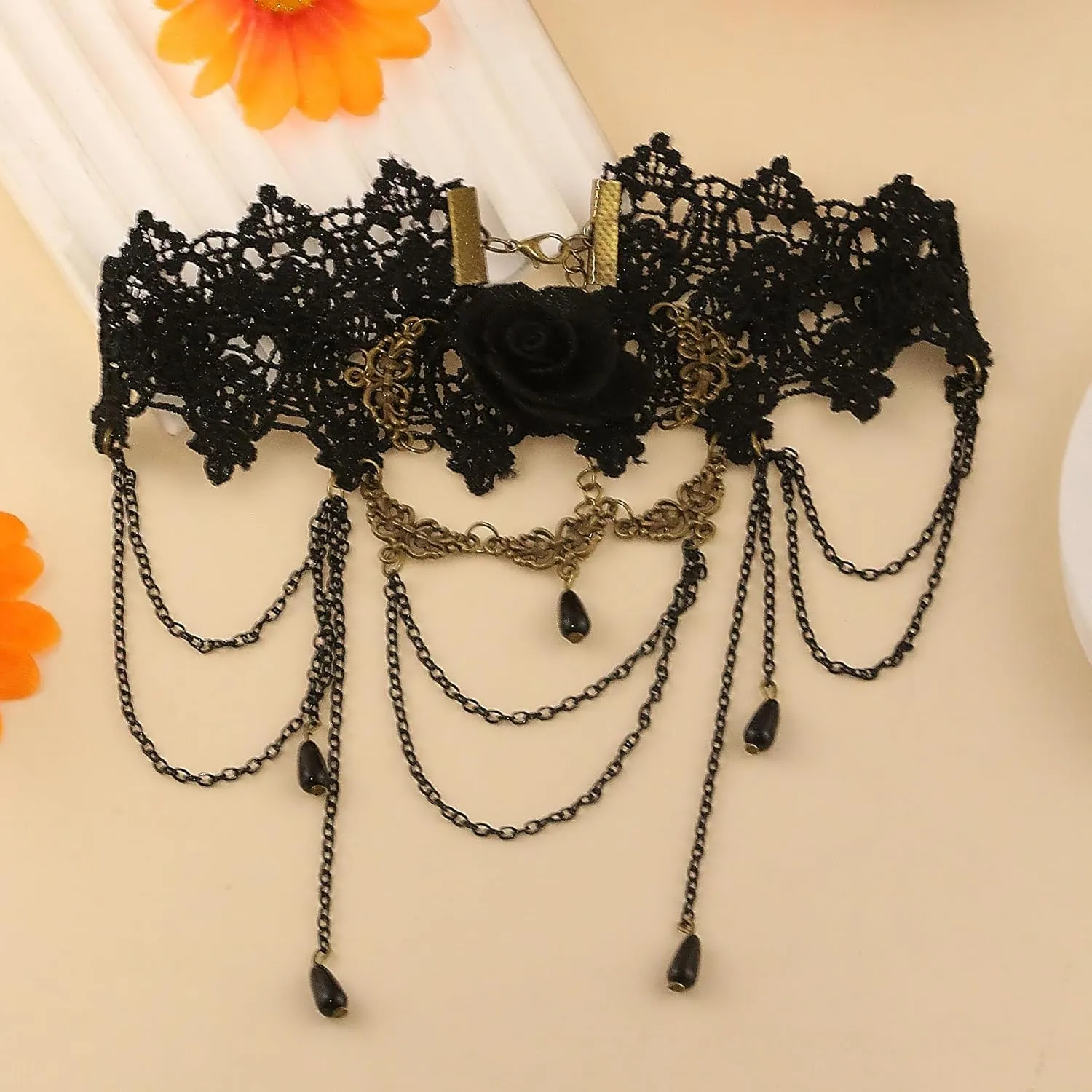 Gothic Victorian Style Vampire Choker Necklace for Women Black Crystal Tassel Lace Collar Necklace Halloween Punk Black Sexy Lace Necklace Halloween Cavewoman Costume