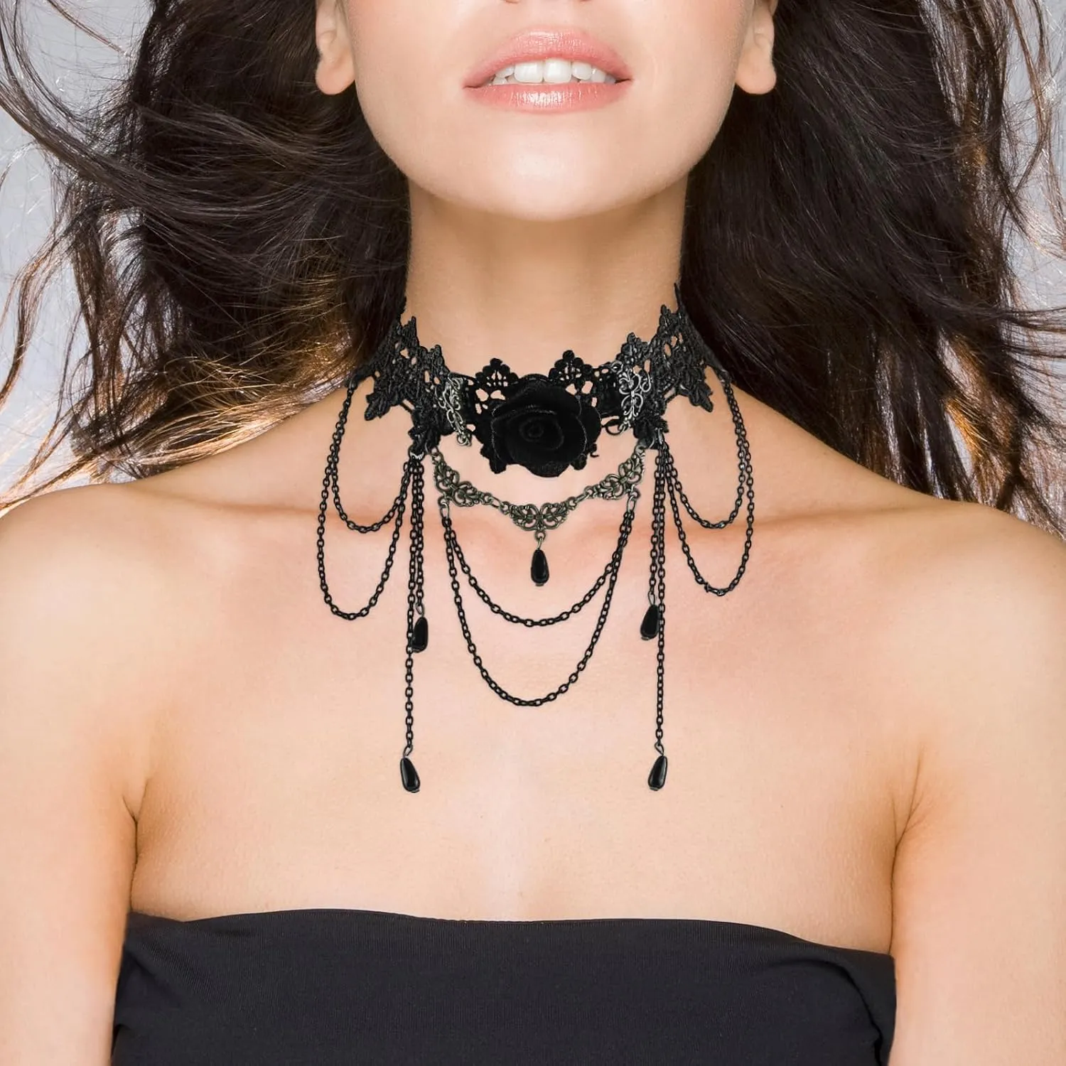 Gothic Victorian Style Vampire Choker Necklace for Women Black Crystal Tassel Lace Collar Necklace Halloween Punk Black Sexy Lace Necklace Halloween Cavewoman Costume