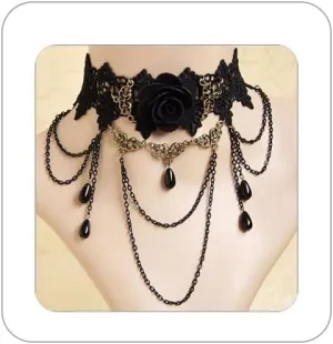 Gothic Victorian Style Vampire Choker Necklace for Women Black Crystal Tassel Lace Collar Necklace Halloween Punk Black Sexy Lace Necklace Halloween Cavewoman Costume