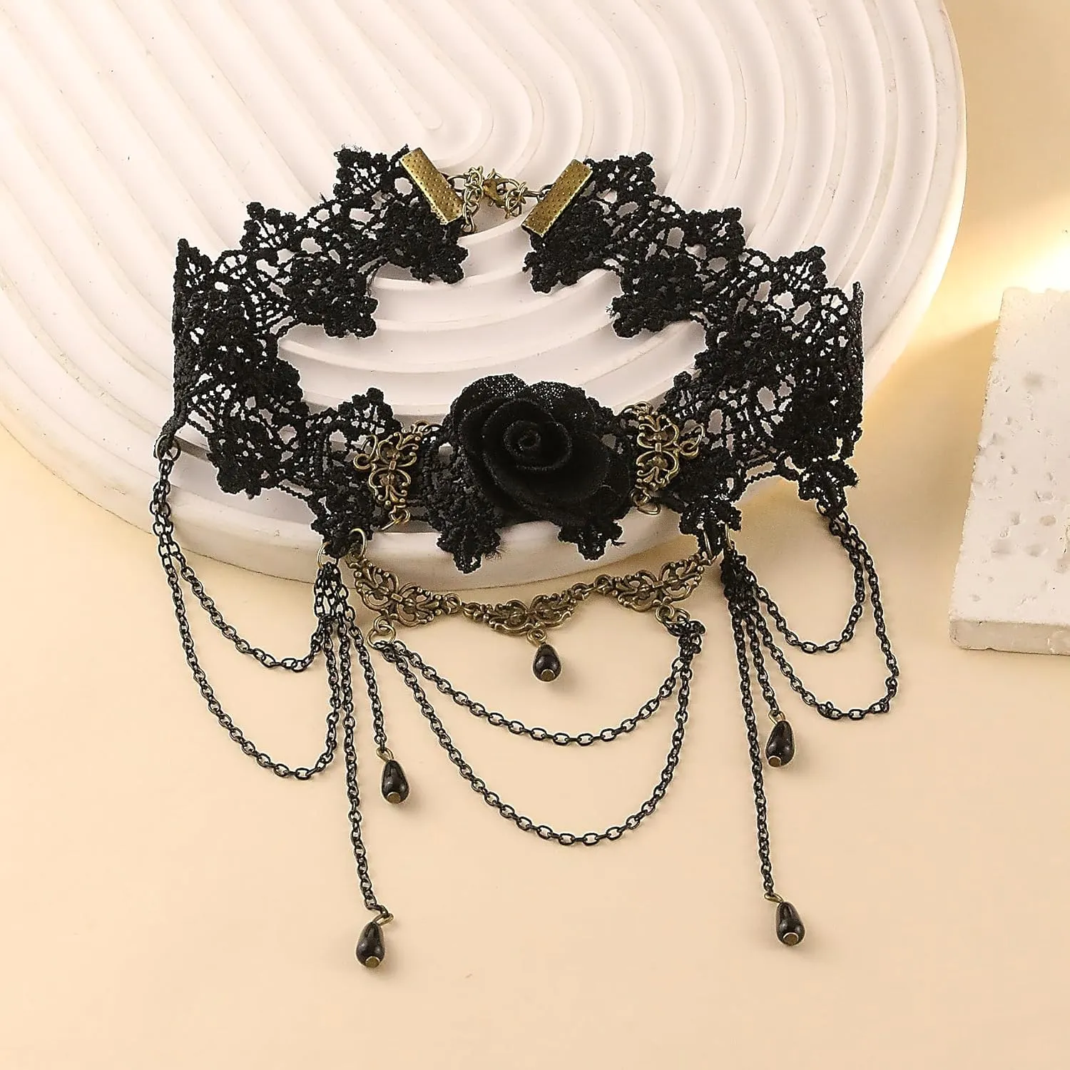 Gothic Victorian Style Vampire Choker Necklace for Women Black Crystal Tassel Lace Collar Necklace Halloween Punk Black Sexy Lace Necklace Halloween Cavewoman Costume