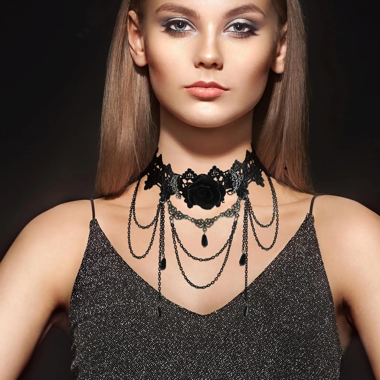 Gothic Victorian Style Vampire Choker Necklace for Women Black Crystal Tassel Lace Collar Necklace Halloween Punk Black Sexy Lace Necklace Halloween Cavewoman Costume