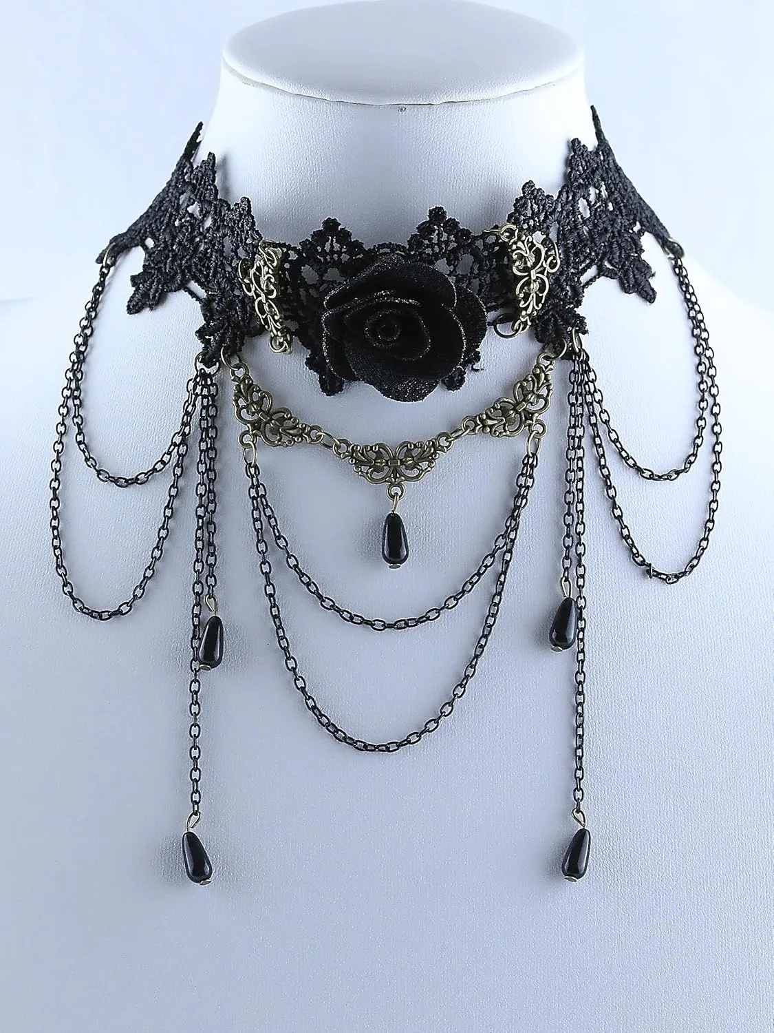 Gothic Victorian Style Vampire Choker Necklace for Women Black Crystal Tassel Lace Collar Necklace Halloween Punk Black Sexy Lace Necklace Halloween Cavewoman Costume