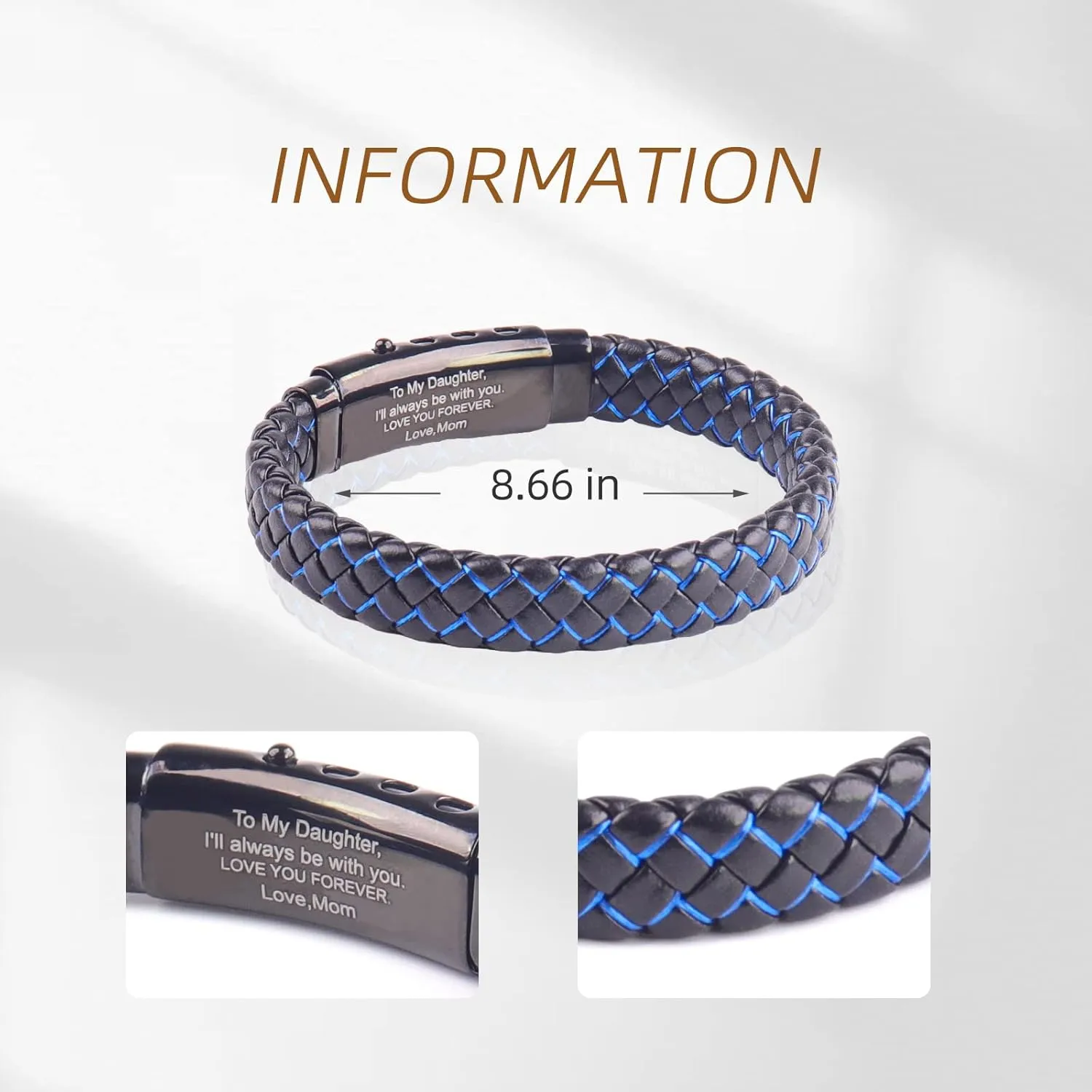 Graduation Gifts for Daughter I Love You Bracelets Blue Braided Leather with Adjustable Magnetic Clasp Cuff Wristband Bracelet, Daughter Bracelets from Mom Dad Girls Gifts