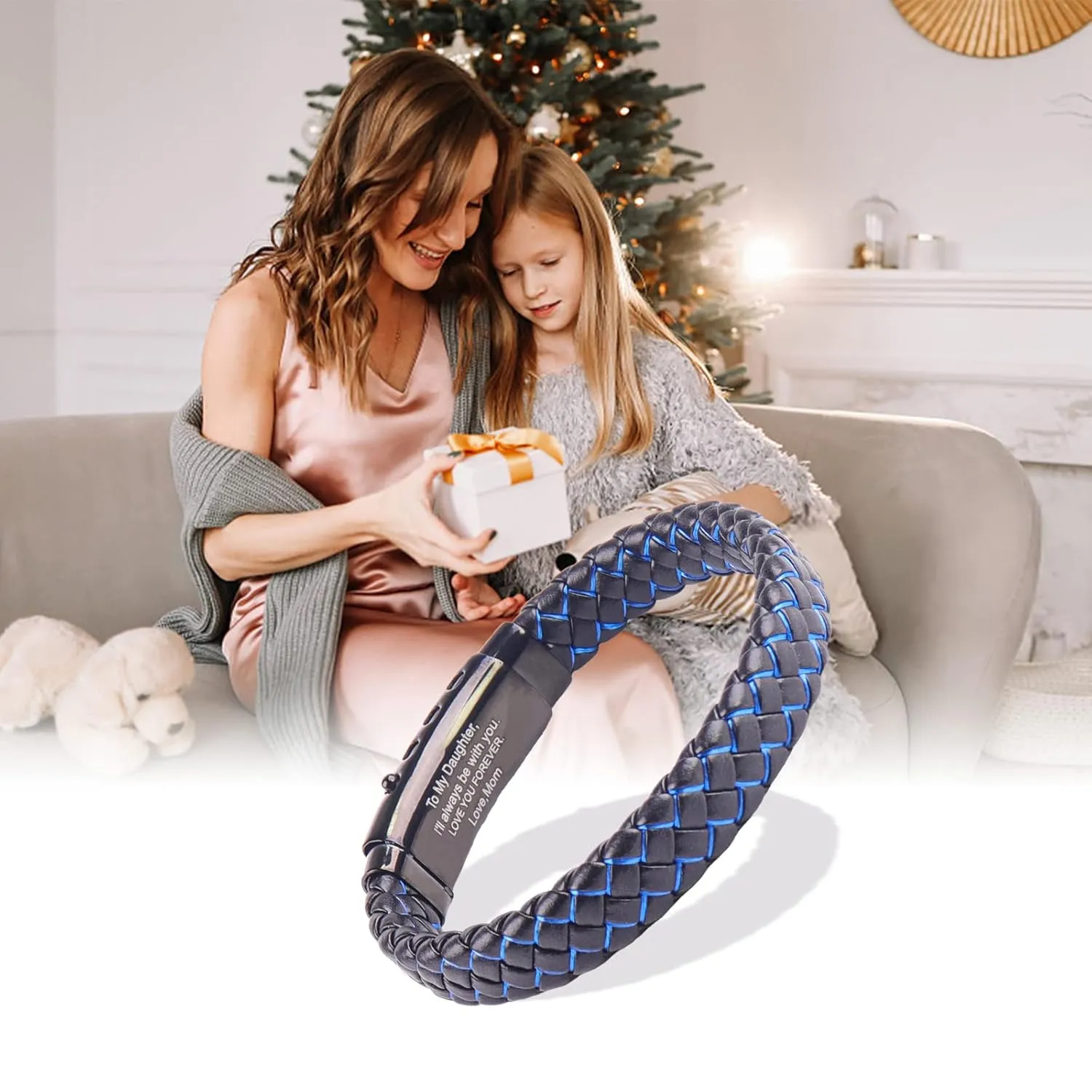 Graduation Gifts for Daughter I Love You Bracelets Blue Braided Leather with Adjustable Magnetic Clasp Cuff Wristband Bracelet, Daughter Bracelets from Mom Dad Girls Gifts