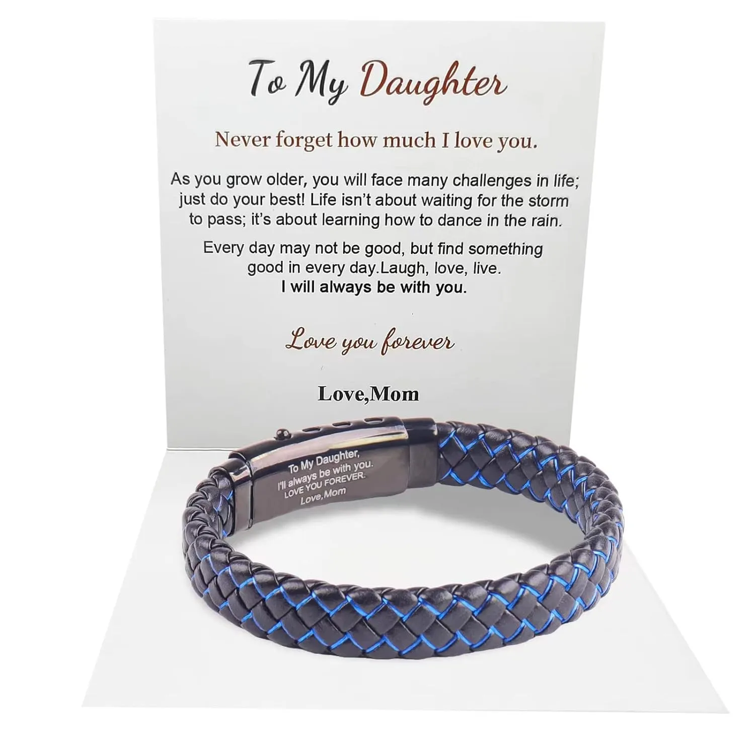 Graduation Gifts for Daughter I Love You Bracelets Blue Braided Leather with Adjustable Magnetic Clasp Cuff Wristband Bracelet, Daughter Bracelets from Mom Dad Girls Gifts