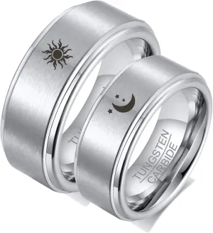 Gualiy Tungsten Carbide Couple Rings Moon and Sun Ring 8MM Couple Matching Rings Size 7-12