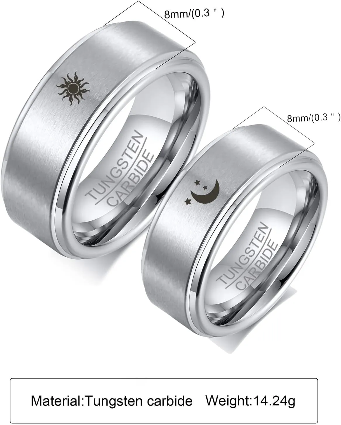 Gualiy Tungsten Carbide Couple Rings Moon and Sun Ring 8MM Couple Matching Rings Size 7-12