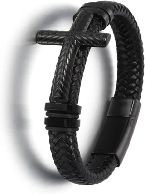 Hand-Woven Mens Leather Bracelet with Clasp Classic Vintage Cross Leather Bracelet for Men Jewelry Gifts KP9U0 (A14807-Black-23cm)