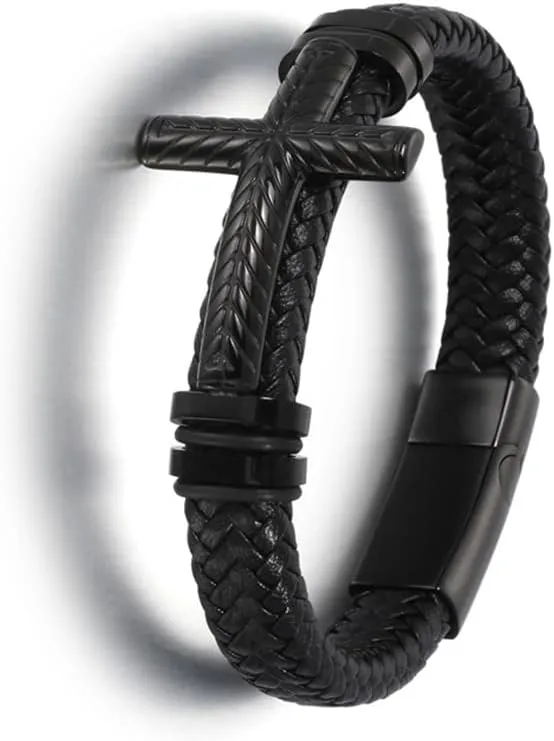 Hand-Woven Mens Leather Bracelet with Clasp Classic Vintage Cross Leather Bracelet for Men Jewelry Gifts KP9U0 (A14807-Black-23cm)