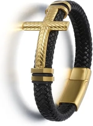 Hand-Woven Mens Leather Bracelet with Clasp Classic Vintage Cross Leather Bracelet for Men Jewelry Gifts KP9U0 (A14807-Gold-23cm)