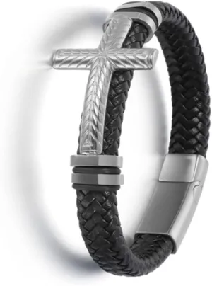 Hand-Woven Mens Leather Bracelet with Clasp Classic Vintage Cross Leather Bracelet for Men Jewelry Gifts KP9U0 (A14807-Silver-23cm)