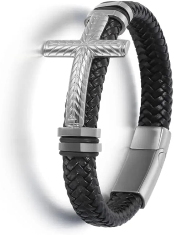 Hand-Woven Mens Leather Bracelet with Clasp Classic Vintage Cross Leather Bracelet for Men Jewelry Gifts KP9U0 (A14807-Silver-23cm)