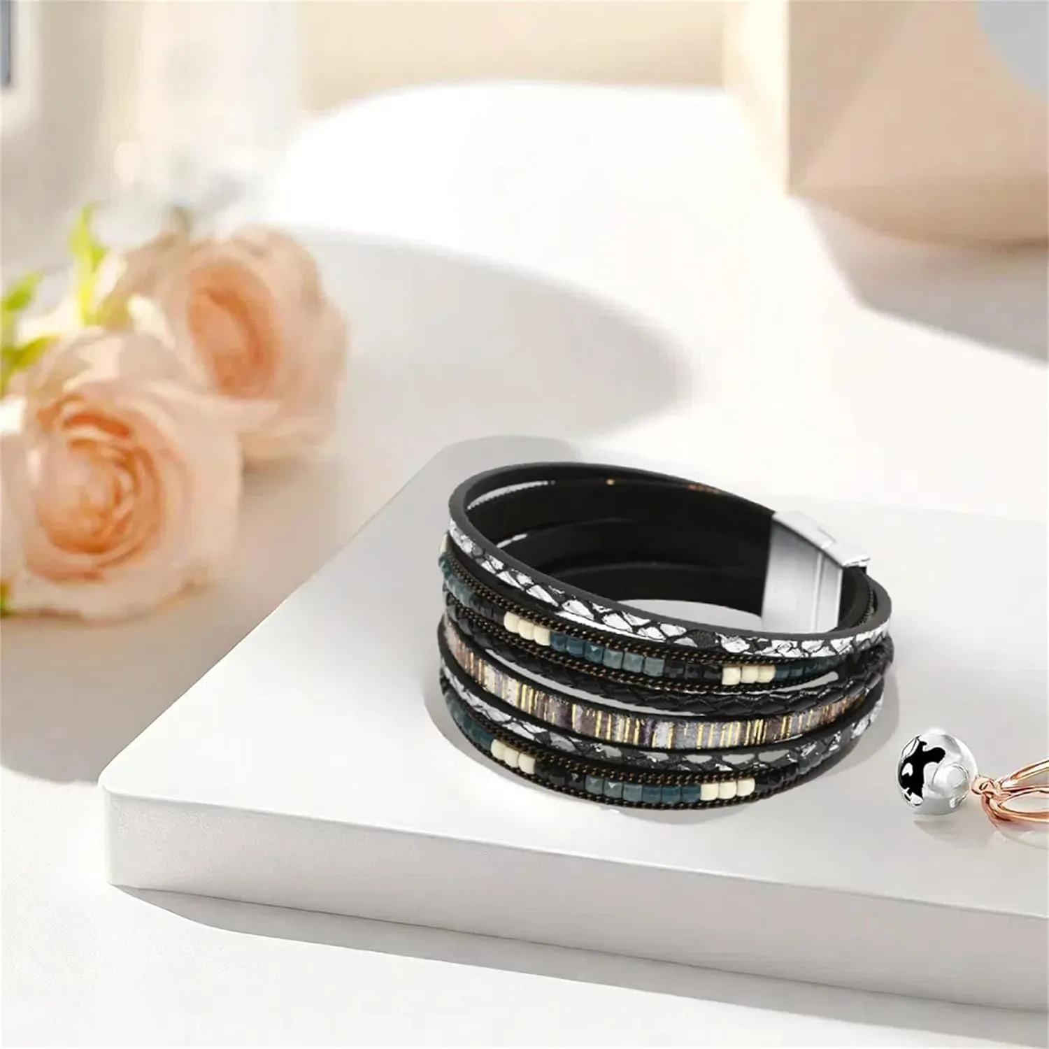 Handmade Braided Leather Stainless Steel Bracelets Punk Wristband Strand Bracelets Multi-Layer Bangle Bracelet for Men