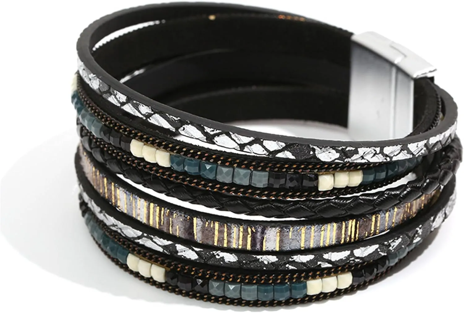 Handmade Braided Leather Stainless Steel Bracelets Punk Wristband Strand Bracelets Multi-Layer Bangle Bracelet for Men