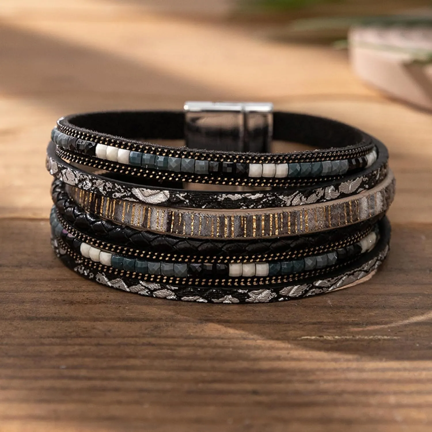 Handmade Braided Leather Stainless Steel Bracelets Punk Wristband Strand Bracelets Multi-Layer Bangle Bracelet for Men
