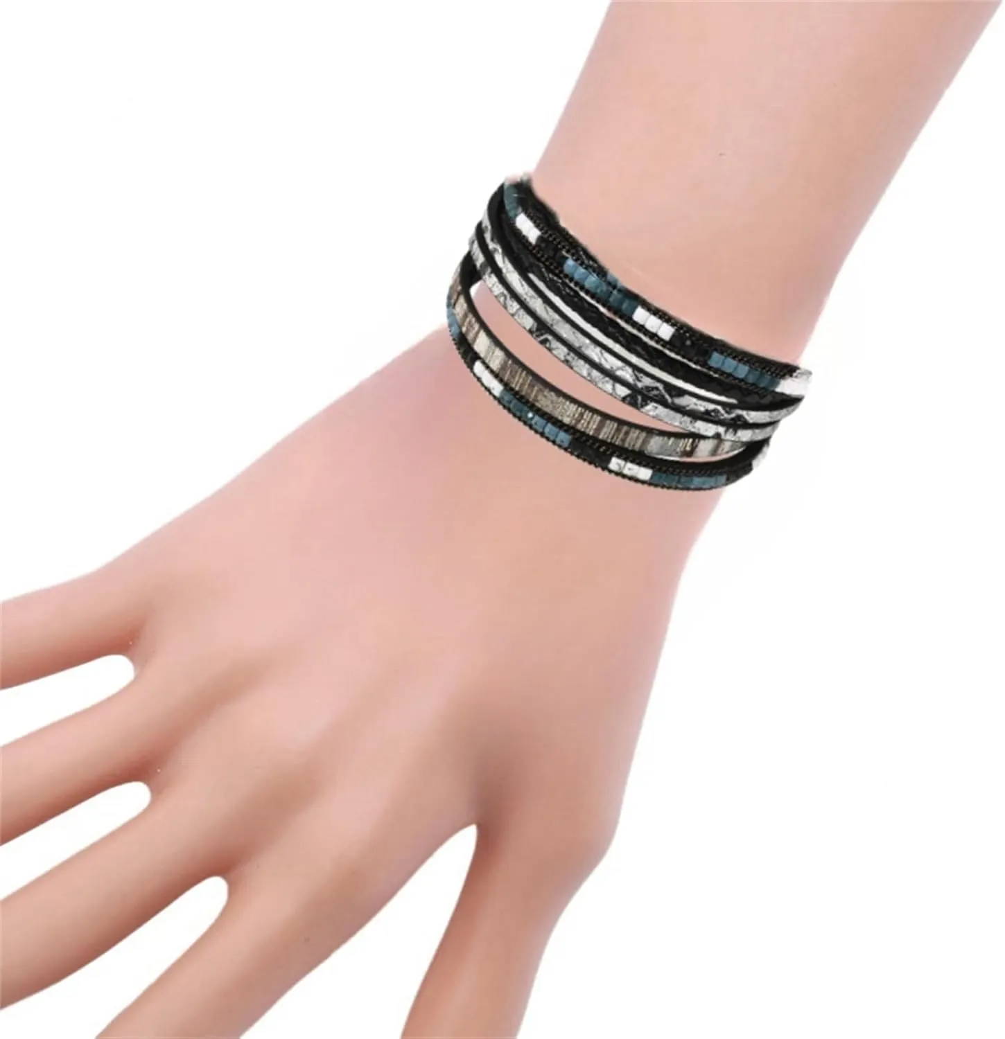 Handmade Braided Leather Stainless Steel Bracelets Punk Wristband Strand Bracelets Multi-Layer Bangle Bracelet for Men