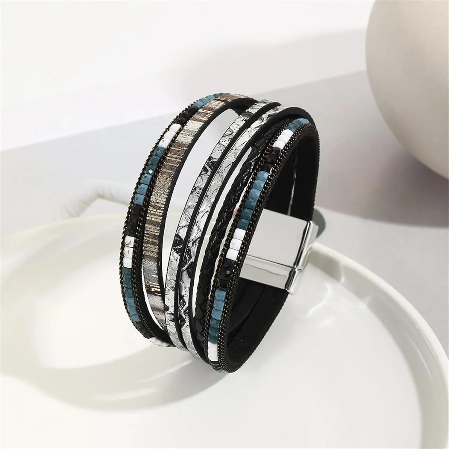 Handmade Braided Leather Stainless Steel Bracelets Punk Wristband Strand Bracelets Multi-Layer Bangle Bracelet for Men