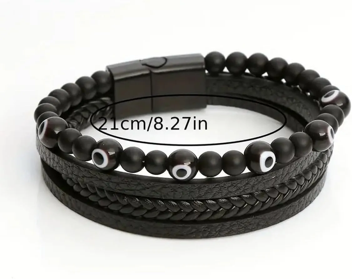 Handmade Wrap Bracelets for Men Natural Tiger Eye | Matte Agate | Lapis Lazuli | Evil Eye Gemstone Bead Evil Eye Clasp Adjustable Bracelets for Men
