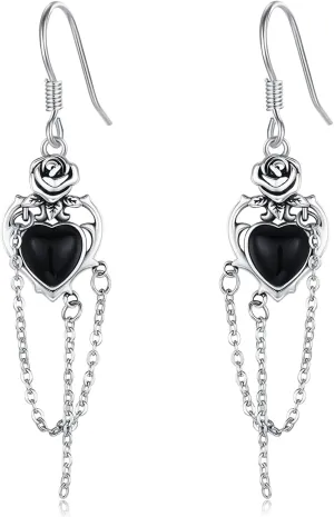 Heart Drop Dangle Earrings S925 Sterling Silver Heart Red Agate Rose Flowers Drop Dangle Chain Earrings Gothic Jewelry Gifts for Women Halloween Birthday Thanksgiving
