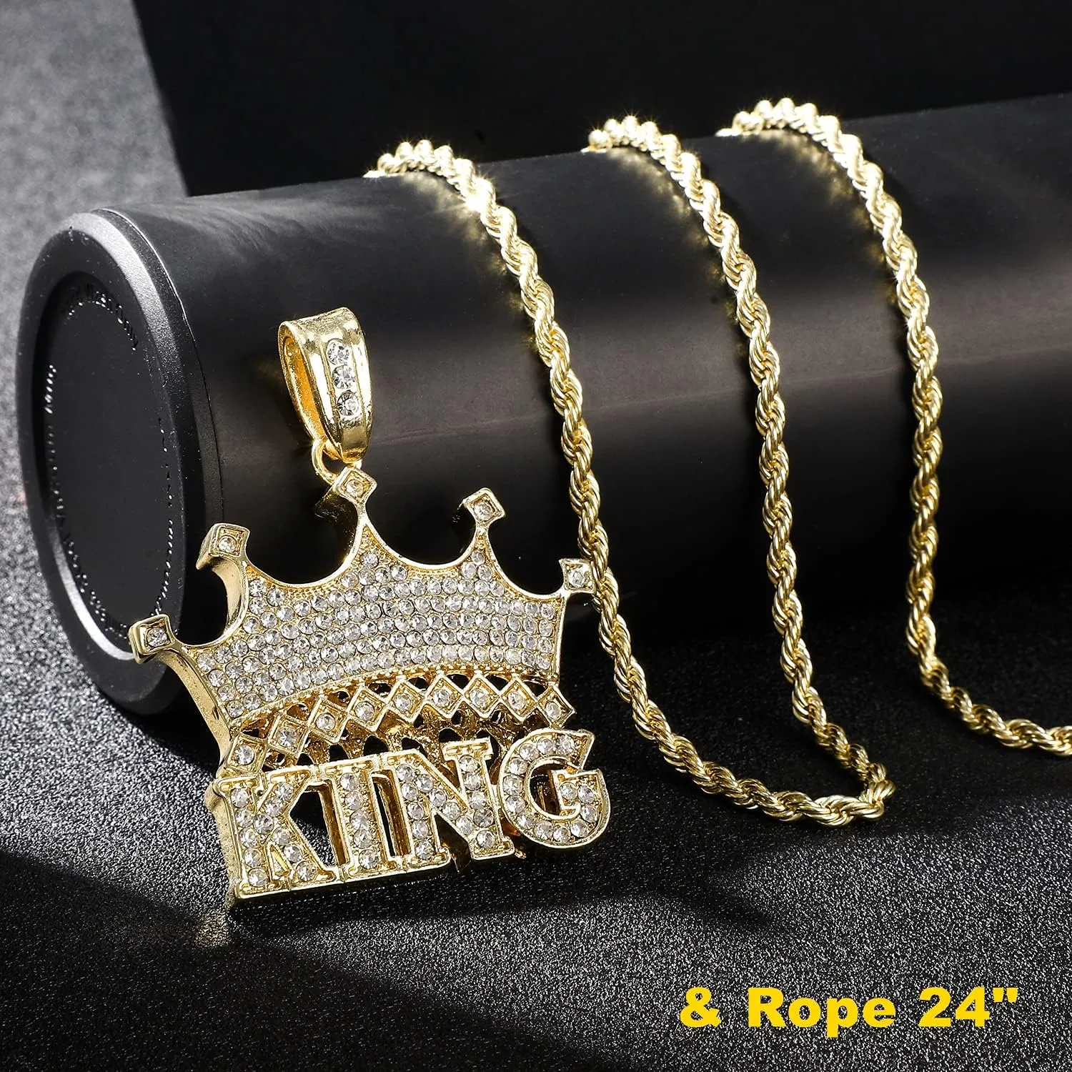 HH BLING EMPIRE 14k Gold Silver Plated Hip Ho Rapper Pendant Chain Necklace for Men, Iced Out Diamond King Pendant with Rope Tennis Chains 22 Inch