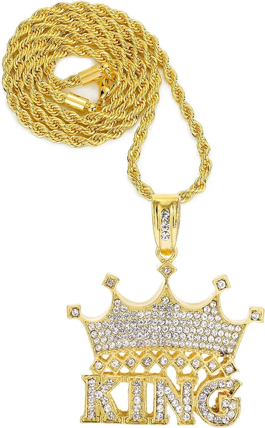 HH BLING EMPIRE 14k Gold Silver Plated Hip Ho Rapper Pendant Chain Necklace for Men, Iced Out Diamond King Pendant with Rope Tennis Chains 22 Inch
