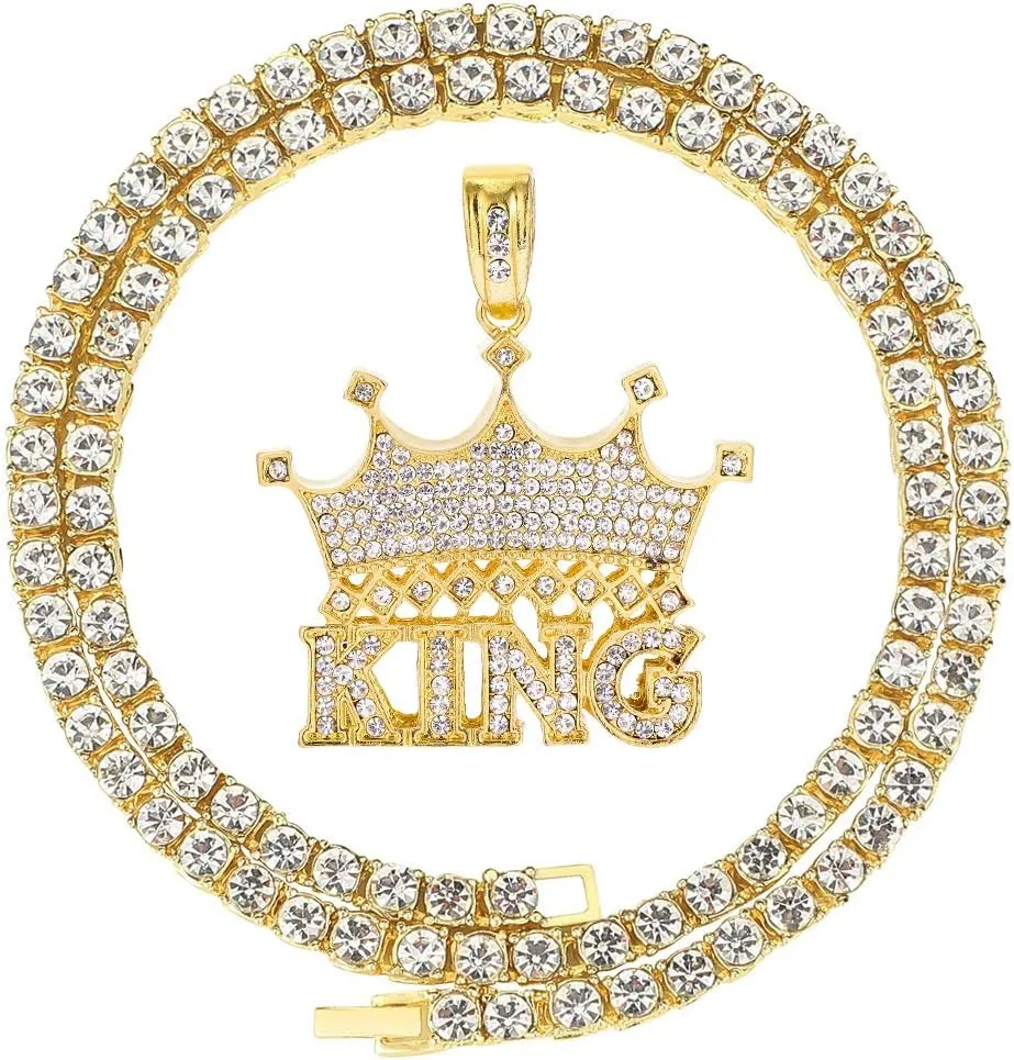 HH BLING EMPIRE 14k Gold Silver Plated Hip Ho Rapper Pendant Chain Necklace for Men, Iced Out Diamond King Pendant with Rope Tennis Chains 22 Inch