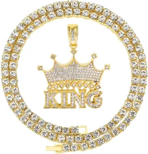 HH BLING EMPIRE 14k Gold Silver Plated Hip Ho Rapper Pendant Chain Necklace for Men, Iced Out Diamond King Pendant with Rope Tennis Chains 22 Inch